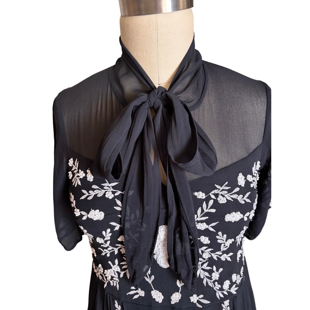 French Connection Dress S Black Dark Romance Coquette Embroidered Tie Neck Mesh - Picture 2 of 8